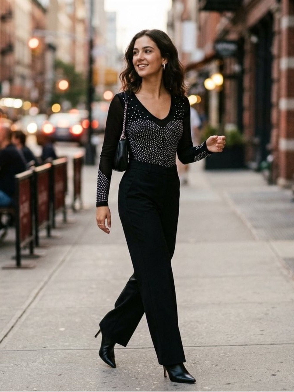 Black Long-Sleeve Embellished Bodysuit